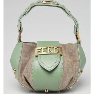 Authentic FENDI Croissant Bag - Rare Green Leather & Beige FF - Gold HW
